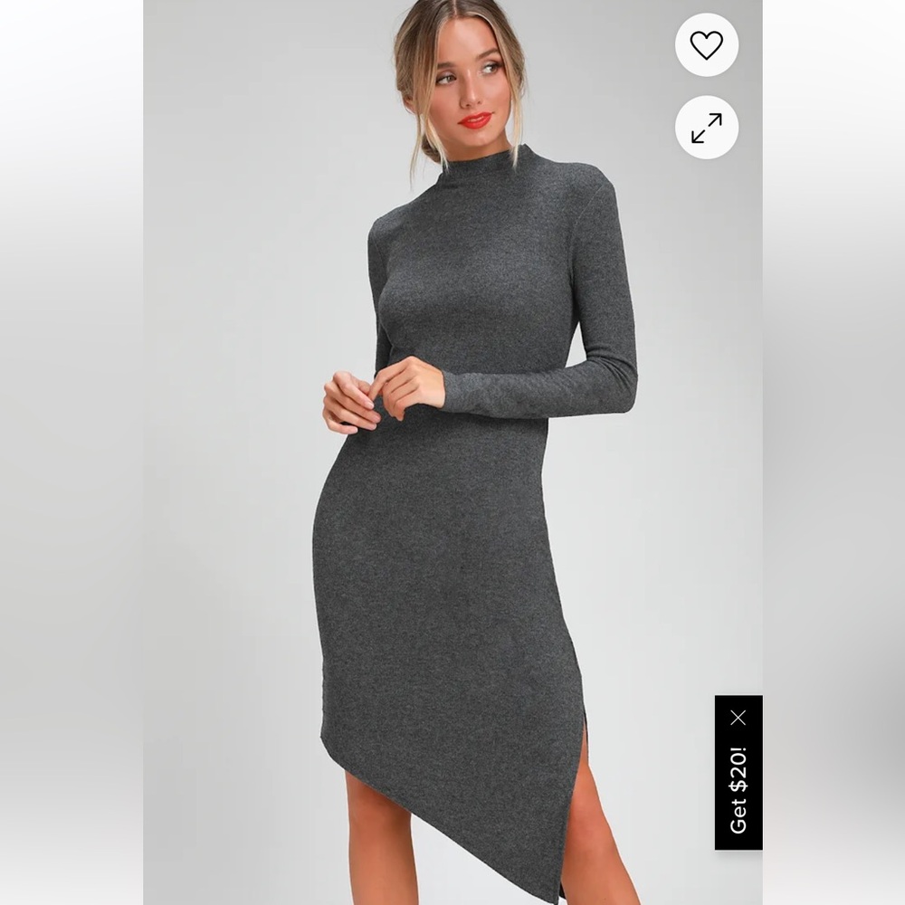 Lulus Fernley Charcoal Grey Ribbed Long Sleeve Midi Dress